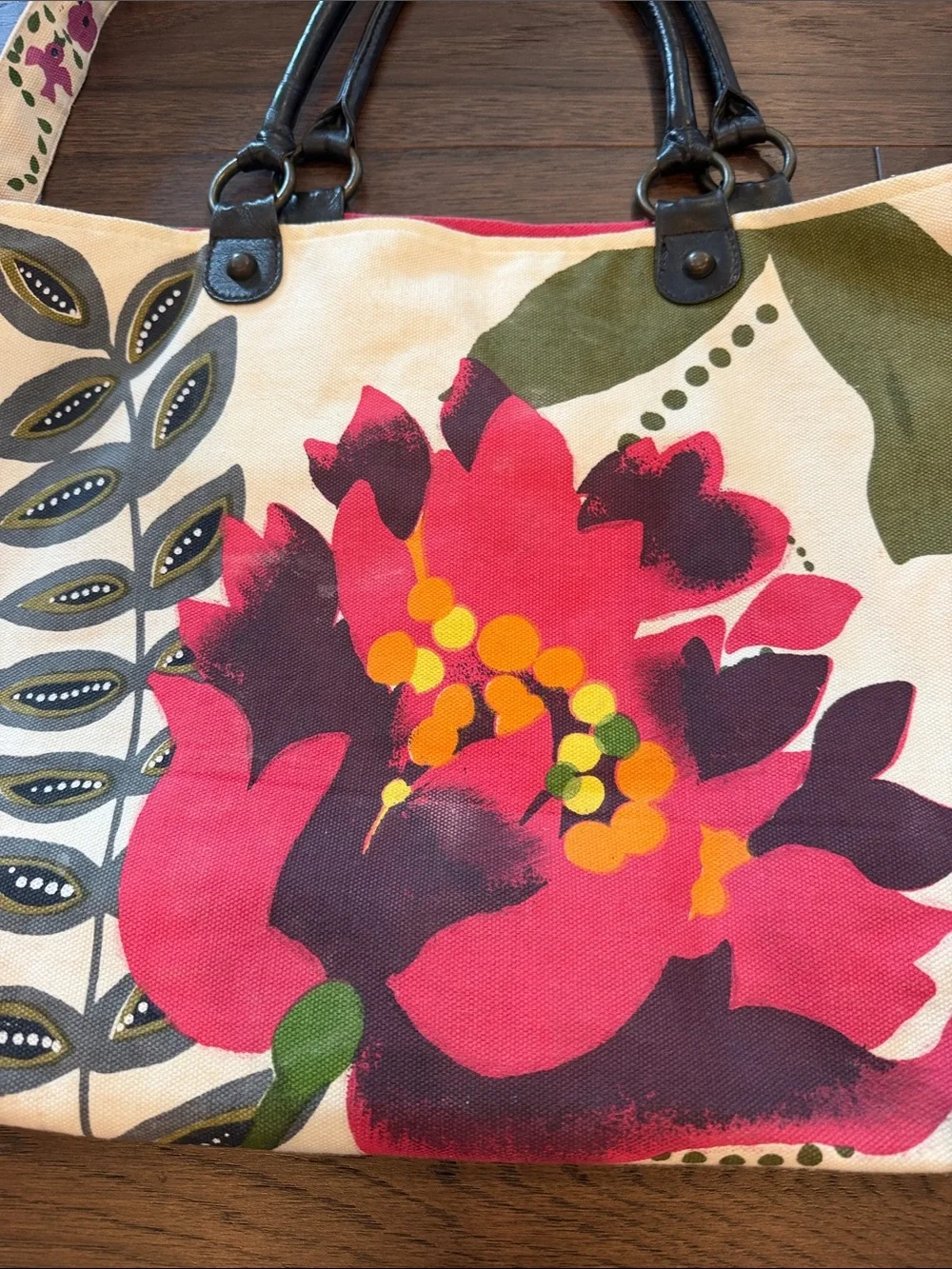 Neat Canvas Floral Tote Bag with Pink & Green Print With Leather Straps